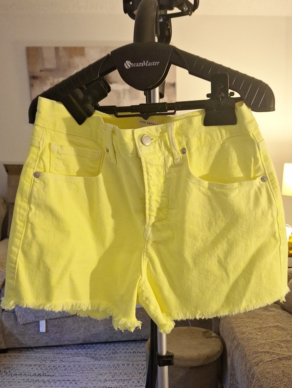 Good American Neon Yellow Denim Cutoff Shorts